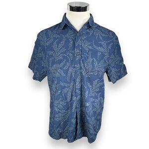 Onia Shirt Men’s Large Blue Linen Blend Leaf Print Floral Button Short Sleeve